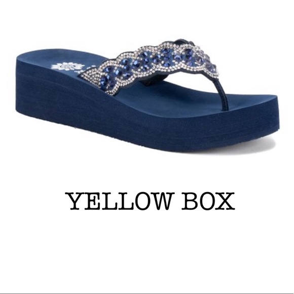 yellow box navy sandals
